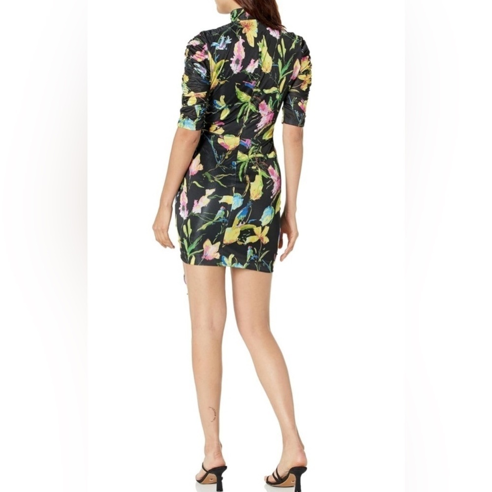 Black Halo Otto Ruched Mockneck Mini Dress in Vibrant Floral Size 6 Black - Picture 3 of 8